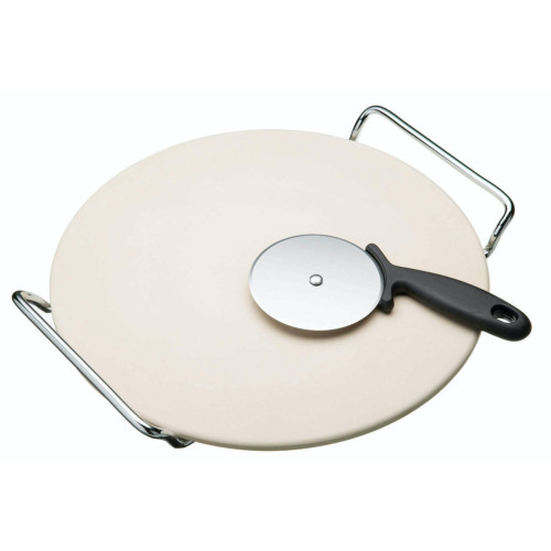 KitchenCraft Round Pizza Stone with Handles & Cutter