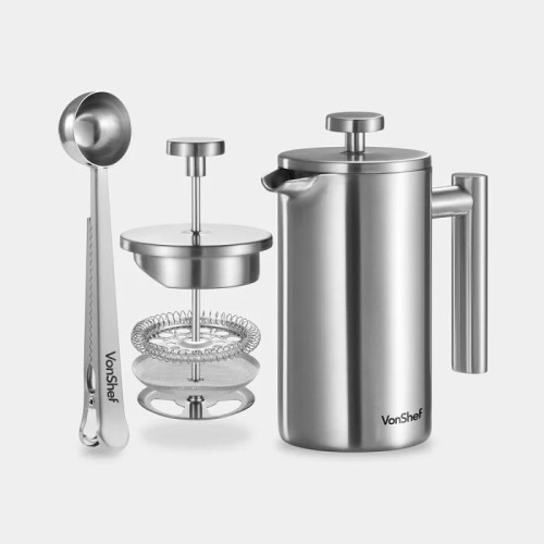VonShef Brushed Stainless Steel Cafeti&Atilde;&uml;re with Spoon 350ml | 12.50oz (3 Cup)