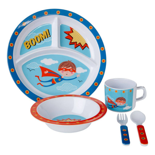 Boys Blue & Red Superhero 5 Piece Dinner Set