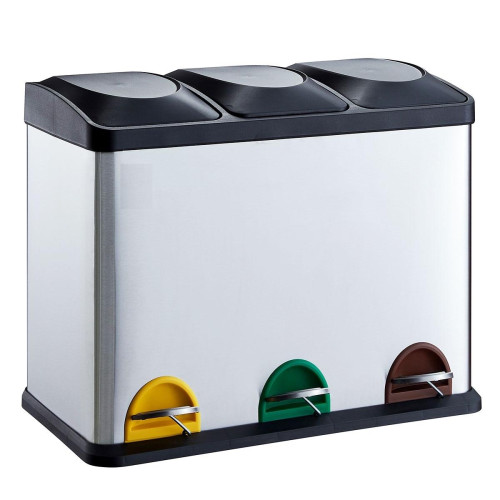 Stainless Steel 3 Compartment Recycling Pedal Bin 45 Litre (H48.5 x W61 x D30cm)