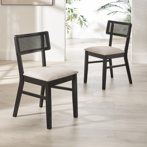 Set of 2 Annika Satin Black Natural Fabric Rattan Back Dining Chairs (H81.5 x W47 x D50cm)