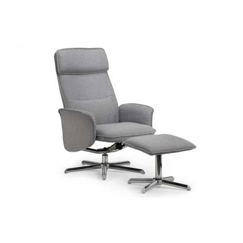 Aria Grey Linen Fabric with Chrome Base Reclining and Stool Chair (D80 x W70 x H100)