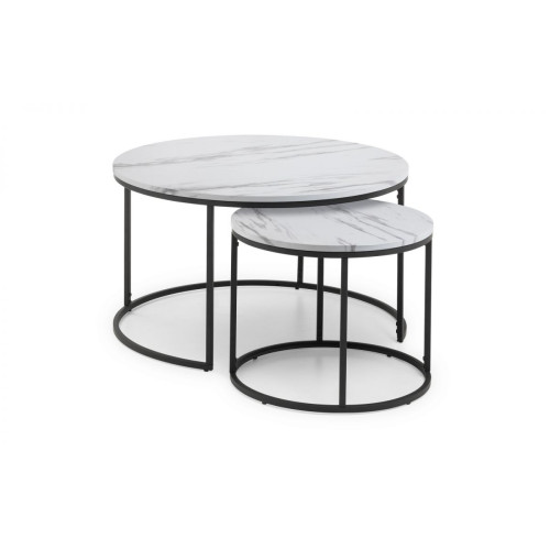Bellini Black Metal and White Marble Nesting Coffee Table (D80 x W80 x H50cm)