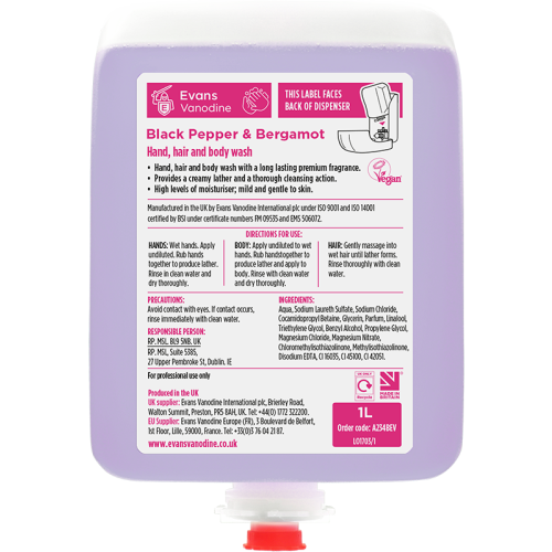 Evans Vanodine Black Pepper & Bergamot Hand, Hair & Body Wash 1 litre (Box of 6)