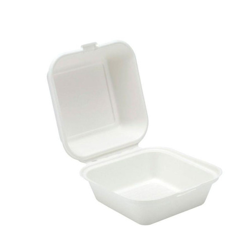 White Bagasse Sugarcane Clamshell Box (Box of 500)