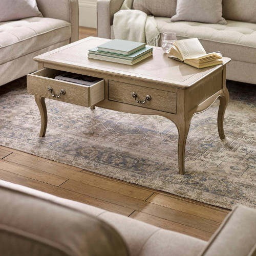Camille Limed Oak French Style Rectangular Coffee Table (H50 x W100 x D60cm)