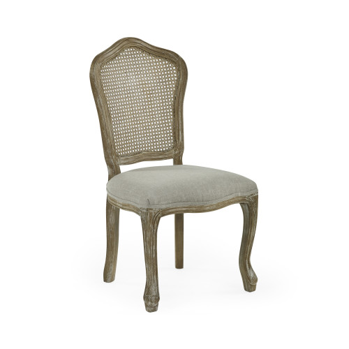 Set of 2 Camille Lined Oak Rattan Back Dining Chairs with French Style Legs (H96 x W53 x D61cm)