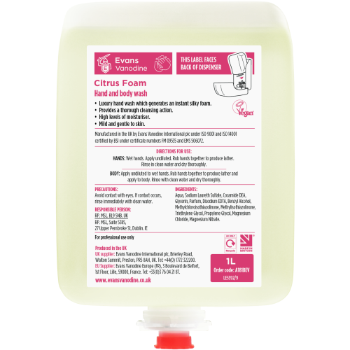 Evans Vanodine Body Wash & Shampoo Citrus Foam Hand & Body Wash 1 litre (Box of 6)