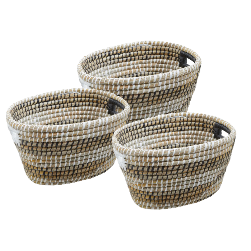 Set of 3 Twisted Oval Straw Baskets 25 x 45 x 32cm