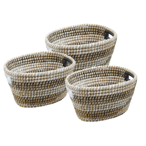 Set of 3 Handwoven Twisted Oval Straw Baskets (D32 x W45 x H25cm)
