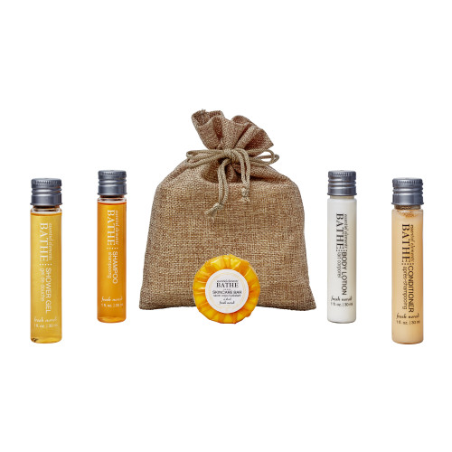 Hessian Bag Toiletries Welcome Pack (Box of 50) - Essentiel Elements Bathe Bottle