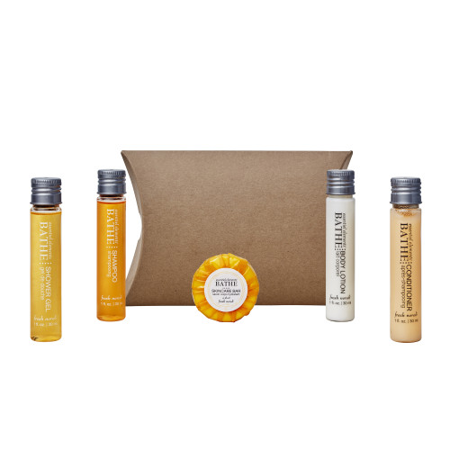 Kraft Pillow Box Toiletries Welcome Pack (Box of 50) - Essentiel Elements Bathe Bottle