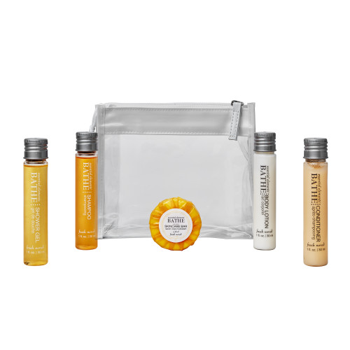 Clear & White Zipped Bag Toiletries Welcome Pack (Box of 50) - Essentiel Elements Bathe Tube