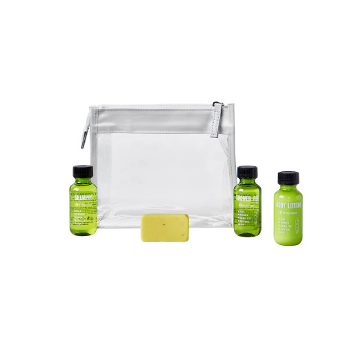 Clear & White Zipped Bag Toiletries Welcome Pack (Box of 50) - Greener Lifestyle Bottle