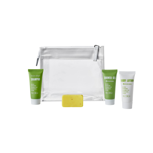 Clear & White Zipped Bag Toiletries Welcome Pack (Box of 50) - Greener Lifestyle Tube