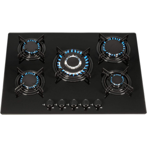 SIA Integarted Gas 5 Burner Hob with Front Controls (H1 x W70 x D51cm) - Black Glass