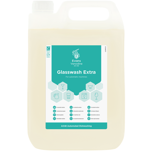 Evans Vanodine Dishwashing Automated Glass Machine Glasswash Extra Solution 5 litre (Box of 2)