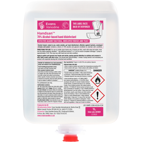 Evans Vanodine Hand Care & Dispensers 70% Alcohol-Based Hand Disinfectant 1 litre (Box of 6)