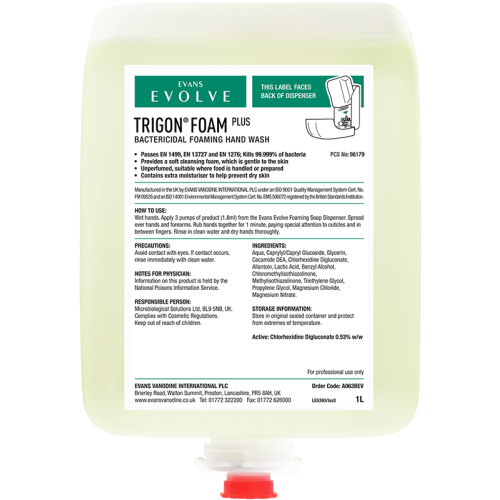 Evans Vanodine Hand Care & Dispensers Trigon Foam Plus Hand Wash Cartridge 1 litre (Box of 6)