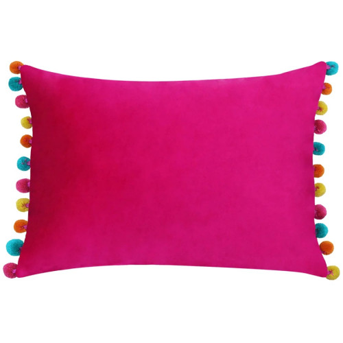 Paoletti Fiesta Velvet Pom-Pom Trim Polyester Filled Cushion 35 x 50cm - Hot Pink/Multi