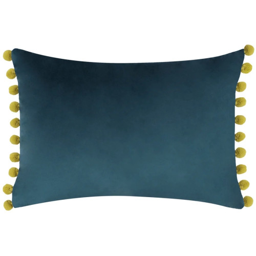 Paoletti Fiesta Velvet Pom-Pom Trim Polyester Filled Cushion 35 x 50cm - Indigo/Olive