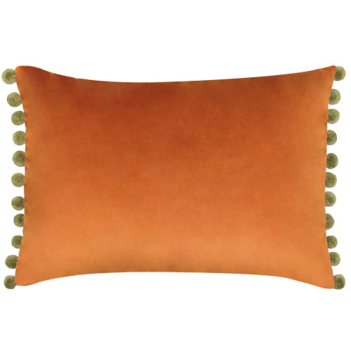 Paoletti Fiesta Velvet Pom-Pom Trim Polyester Filled Cushion 35 x 50cm - Rust/Khaki