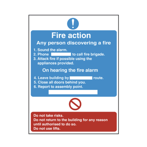 Adhesive Vinyl Fire Action Safety Sign 15 x 20cm (Box of 10)