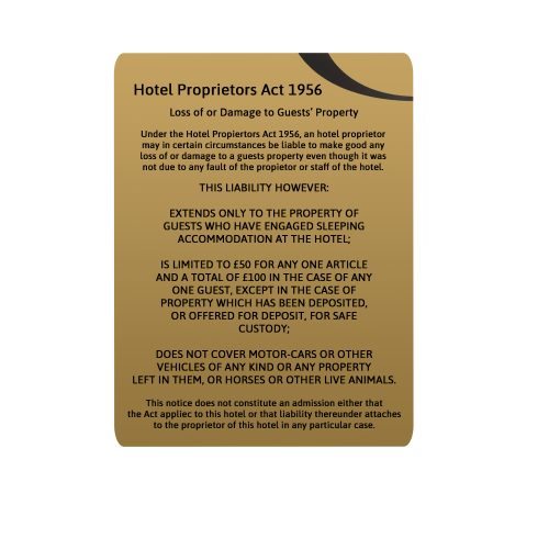Gold Hotel Proprietors Act 1956 Notice 30 x 21cm (Box of 5)