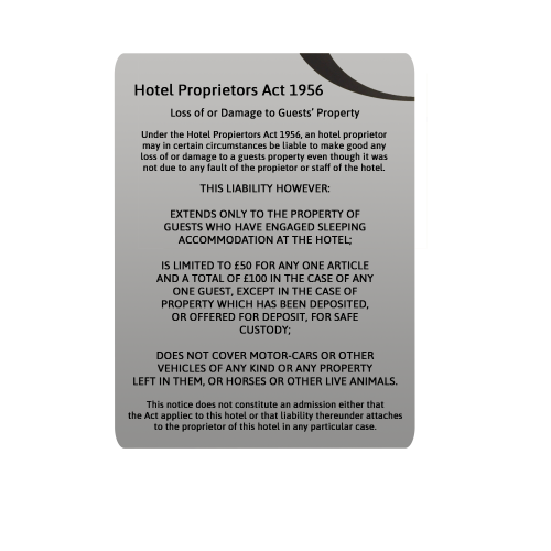 Silver Hotel Proprietors Act 1956 Notice 30 x 21cm (Box of 5)