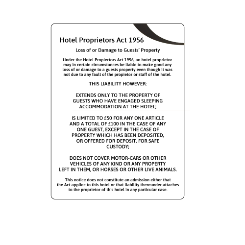 White Hotel Proprietors Act 1956 Notice 30 x 21cm (Box of 5)