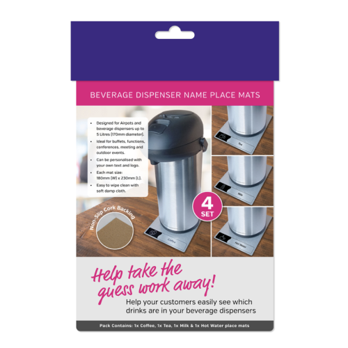Assorted (Tea, Coffee, Hot Water and Milk) Silver Beverage Display Mat 18 x 28cm (Box of 4)