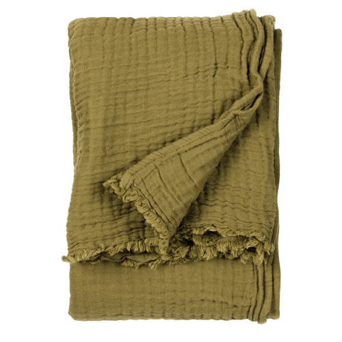 Yard Lark Muslin Cotton Fringed Throw 130 x 180cm - Khaki