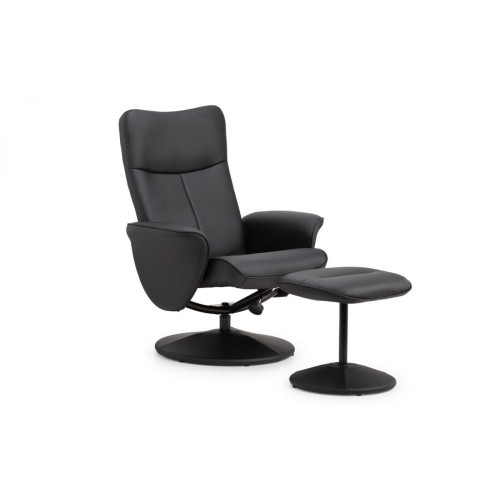 Lugano Black Faux Leather Recliner and Stool Chair (D76 x W75 x H95)