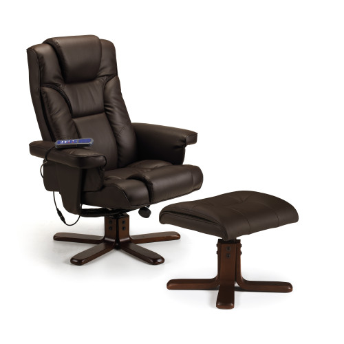 Malmo Brown Faux Leather Reclining Swivel Chair with Stool (D82 x W83 x H105cm)