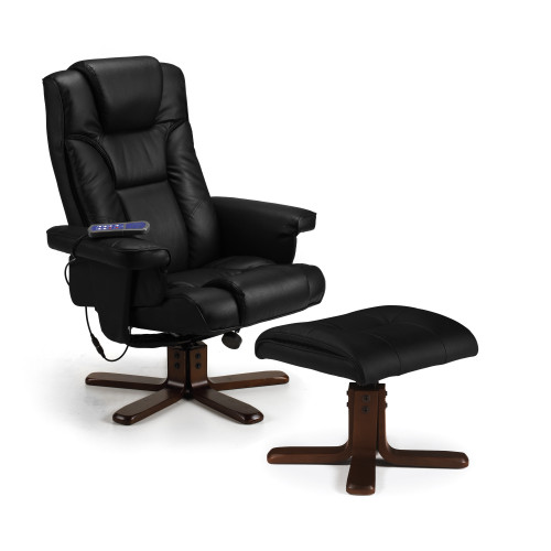 Malmo Black Faux Leather Reclining Swivel Chair with Stool (D82 x W83 x H105cm)
