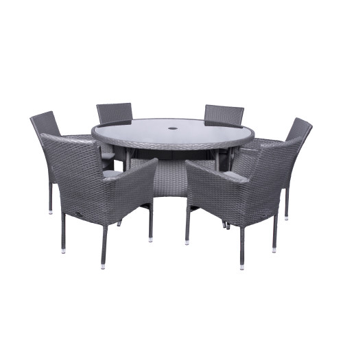 Malaga Grey Rattan 6 Seater Round Fixed Dining Set