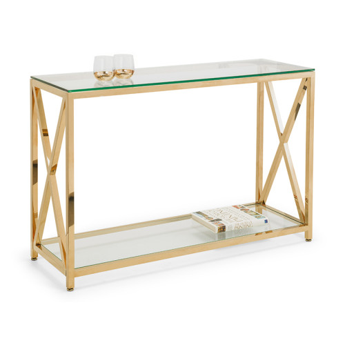 Miami Polished Gold Finish with Tempered Glass Top Console Table (D40 x W120 x H75)