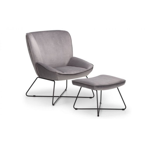 Mila Velvet Grey Chair with Stool (D77 x W73 x H90cm)