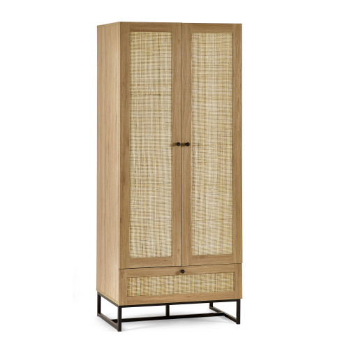 Padstow Rattan Oak Finish 2 Door and 1 Drawer Wardrobe (D56 x W80 x H190cm)