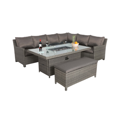 Paris Grey Rattan 8 Seater Deluxe Modular Corner Lounging Set with Rectangular Fire Pit Table