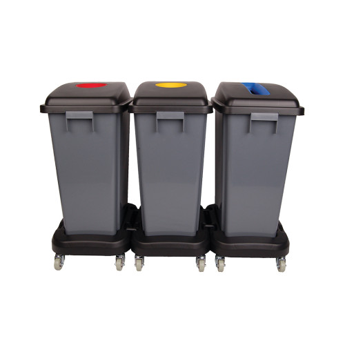 Set of 3 Recycling Bins with Wheeled Dolly Base 50 Litre (H58 x W32 x D46cm) - Grey