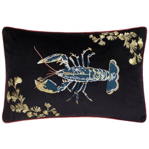 Lobster Embroidered Velvet Black Rectangular Cushion 40 x 60cm