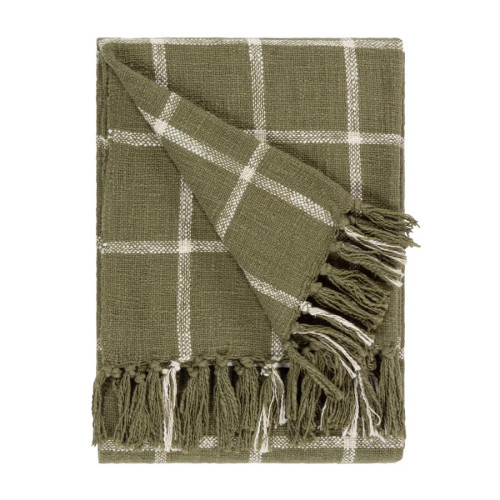 Yard Beni Woven Cotton Tassled Frinted Trim Throw 130 x 180cm - Moss/Natural
