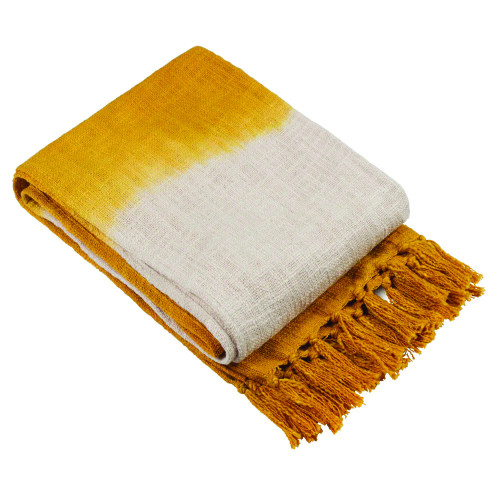 Mizu Dip Dye Fringed Cotton Throw 130 x 170cm - Ochre