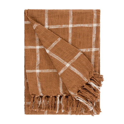 Yard Beni Woven Cotton Tassled Frinted Trim Throw 130 x 180cm - Ginger/Natural