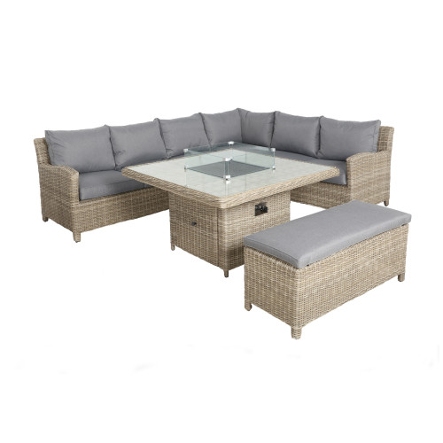 Wentworth Natural Rattan 8 Seater Deluxe Modular Corner Lounging Set with Square Fire Pit Table