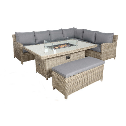 Wentworth Natural Rattan 8 Seater Deluxe Modular Corner Lounging Set with Rectangular Fire Pit Table