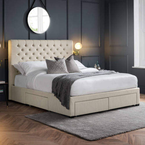 Wilton Oatmeal Beige Linen Deep Button 4 Drawer Beds